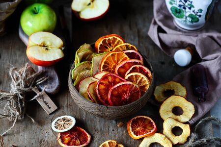 Fresh organic fruit chips. style  rustik . selective focus.