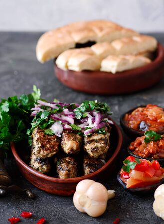 Chicken Lula Kebab with pita and adgika .selective focusの写真素材