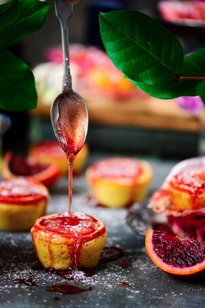 Semolina almond and blood orange syrup cake.vintage style.selective focusの写真素材