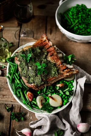 easter lamb with vegetables and herbs..style rustic.selective focusの写真素材