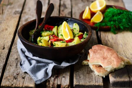 Hot Potato Salad with Scallion Vinaigrette. selective focusの写真素材