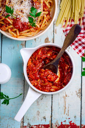 Bucatini all Amatriciana sauce with Parmesan .style rustic.selective focusの写真素材