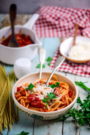 Bucatini all Amatriciana sauce with Parmesan .style rustic.selective focusの写真素材