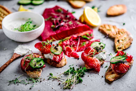 Beetroot and dill salmon gravlax.style hugge.selective focusの写真素材