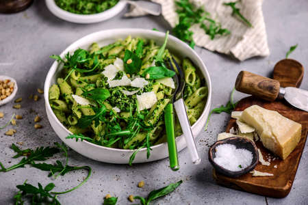 Pasta with green beans, potatoes and pesto .. style vintage.selective focusの写真素材