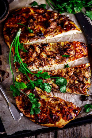 Pullled duck pizza. style rustic. selective focus