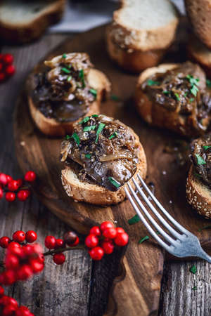 Rabbit liver crostini appetizer.style rustic.selective focus