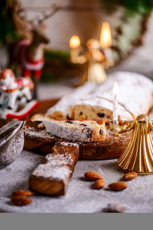 Christmas curd stollen on a Christmas rustic background. Style rustic. selective focusの写真素材