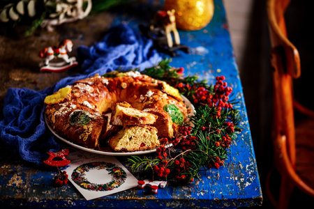 Christmas curd stollen on a Christmas rustic background. Style rustic. selective focusの写真素材