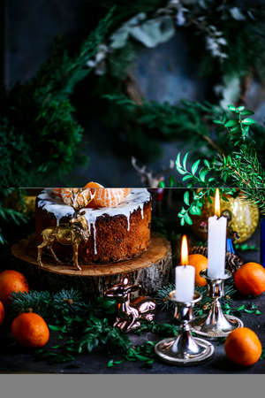 Christmas panettone on a Christmas rustic background. Style rustic. selective focusの写真素材