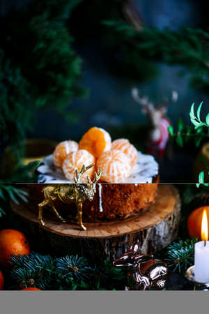 Christmas panettone on a Christmas rustic background. Style rustic. selective focusの写真素材