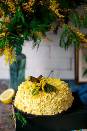 ITALIAN MIMOSA CAKE for International Women's Day on March 8.selective focusの写真素材