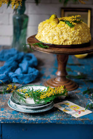 ITALIAN MIMOSA CAKE for International Women's Day on March 8.selective focusの写真素材