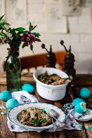 Easter chickens with herbs and lemon..style rustic.selective focus