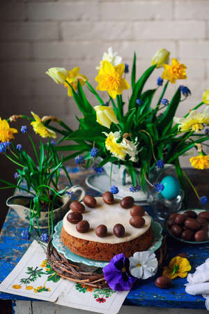 Easter simlel cake.traditional easter pastries. selective focusの写真素材