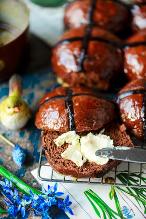 chocolate orange hot cross buns..traditional  easter pastries. selective focus