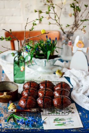 chocolate orange hot cross buns..traditional easter pastries. selective focus