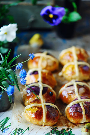 Floral hot cross buns..traditional  easter pastries. selective focus