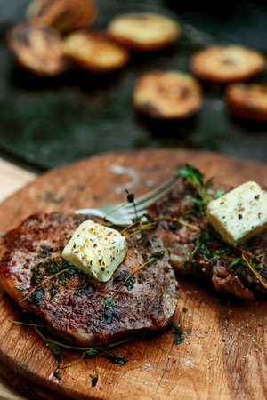 Stuffed potato with mushroom.style hugge.selective focusの写真素材