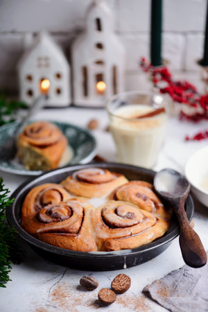 Cinnamon rolls with nuts and raisins. Selective focus.の写真素材
