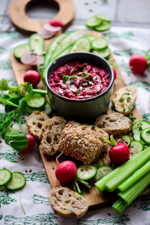 Beetroot dip with fresh vegetables. top view..selective focusの写真素材