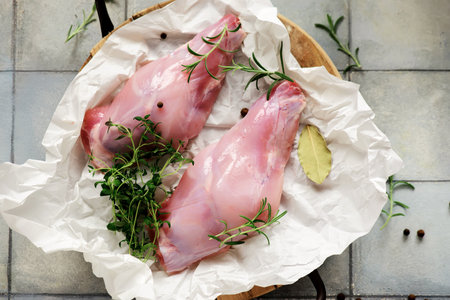 Raw rabbit legs with fresh herbs.style hugge.selective focusの写真素材