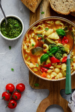 Minestrone soup with pesto.top veiw.style hugge.selective focusの写真素材