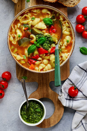 Minestrone soup with pesto.top veiw.style hugge.selective focusの写真素材