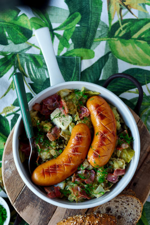 Irish cabbage Colcannon with sausages. .selective focusの写真素材