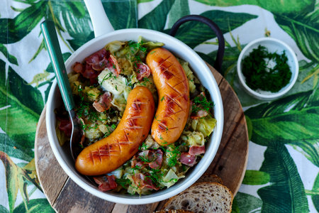 Irish cabbage Colcannon with sausages. .selective focusの写真素材