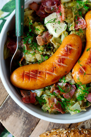 Irish cabbage Colcannon with sausages. .selective focusの写真素材