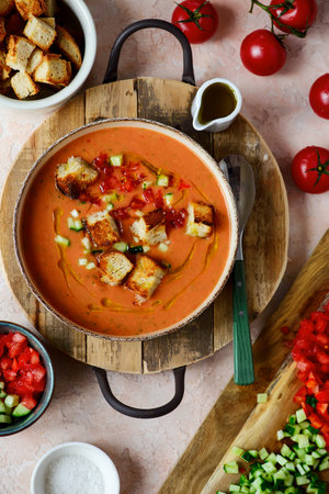 Gazpacho, a traditional Spansh cold soup on a tableの写真素材