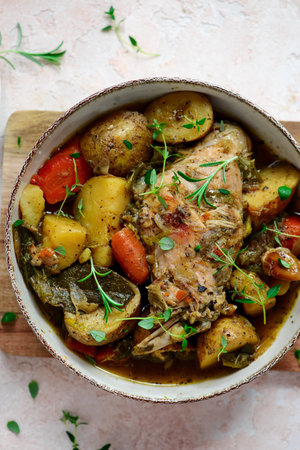 Braised rabbit with vegetables.top veiw.selective focusの写真素材