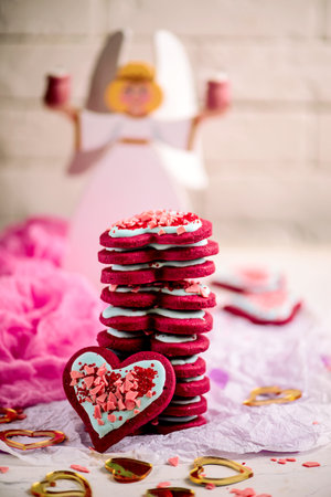 Red Velvet Sugar Cookies for Valentine's Day Style vintage . selective focus