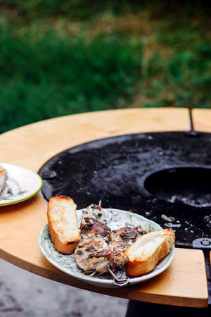 mackerel kebab on the outdoor grill in the yardstyle rustic .selective focus