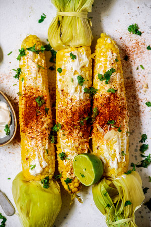 Mexican street corn with spicy mayonnaise.top veiw. selective focus