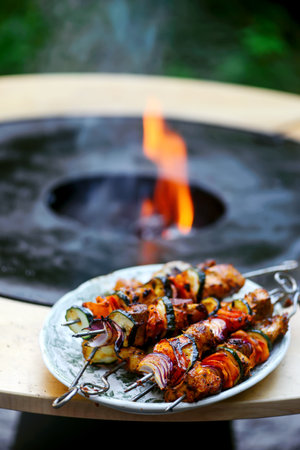 Moroccan fish kebab on the outdoor grill in the yardstyle rustic .selective focus