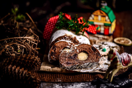 Christmas Stollen Black Forest on a Christmas rustic background. Style rustic. selective focusの写真素材