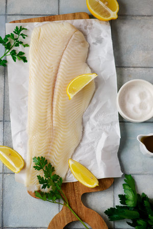 Raw Hollibut fillet for Cooking .top view..selective focusの写真素材