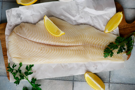 Raw Hollibut fillet for Cooking .top view..selective focus