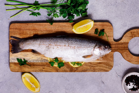 Fresh, raw rainbow trout for cooking.top view.. selective focus