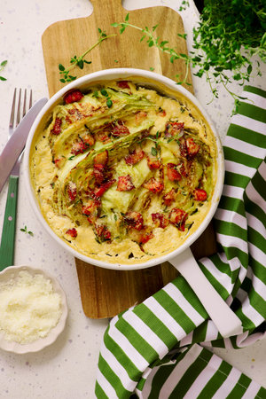 Bacon and Cabbage gratin with parmesan. top view.の写真素材