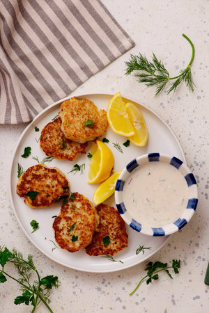 Norwegian fish cakes with tartar sauce.top veiw.selective focusの写真素材