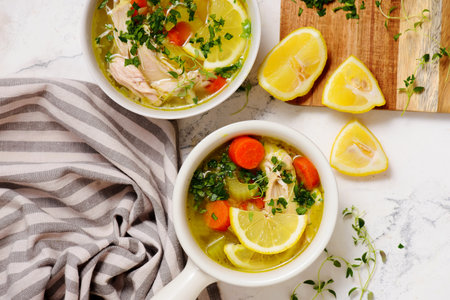 Chicken soup with lemon and rice. top view. selective focusの写真素材