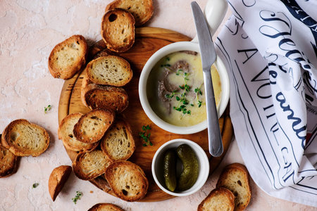 Chicken liver pate and croutons. top view. style huge. selective focusの写真素材