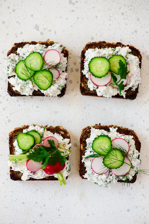 Canapes with cottage cheese with herbs and radishes.top view.selective focus