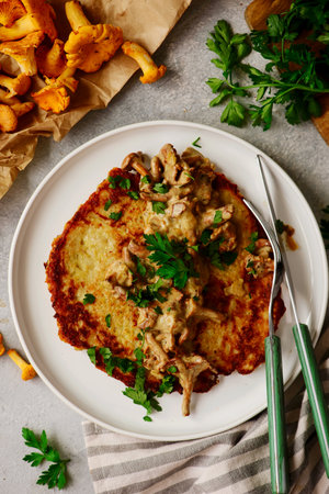 Potato pancakes with creamy chanterelle sauce. Polish cuisine. top veiw. selective focusの写真素材