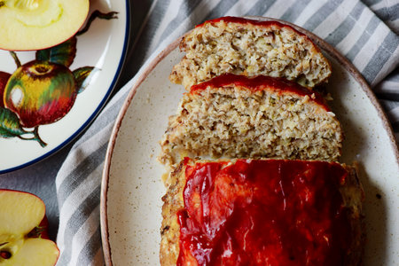 Baked Pork Meatloaf with Apples.style hugge.selective focus.top veiwの写真素材
