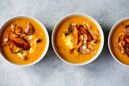 Creamy baked pumpkin soup with pumpkin seeds and almonds.style hugge.selective focus. top veiwの写真素材