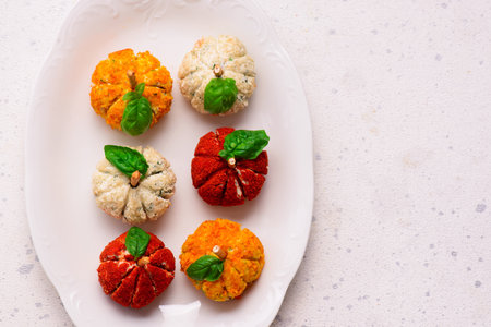 Pumpkin-Shaped Cheese Balls with Spices.top veiw.selective focusの写真素材